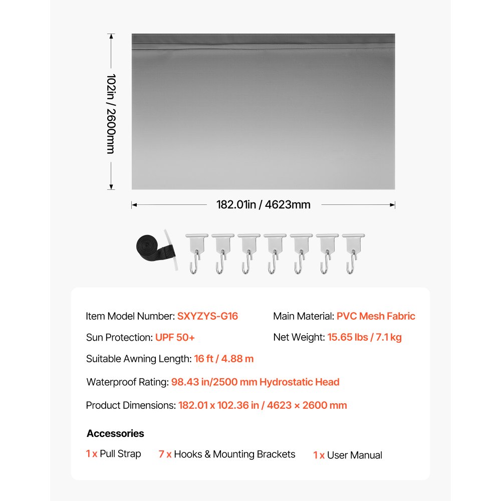 VEVOR RV Awning Fabric Replacement, 4.88 m (Fabric 4.6 m) 510 g Heavy-Duty Weatherproof Vinyl Camper Awning Replacement, UPF50+ Protection Waterproof Outdoor Canopy for RV Motorhome Trailer, Gray Fade
