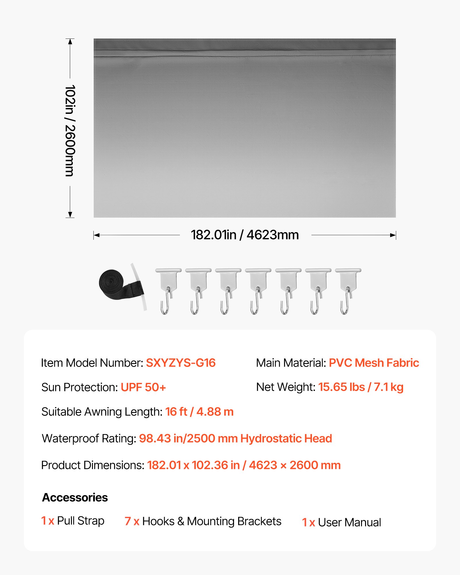 VEVOR RV Awning Fabric Replacement, 4.88 m (Fabric 4.6 m) 510 g Heavy-Duty Weatherproof Vinyl Camper Awning Replacement, UPF50+ Protection Waterproof Outdoor Canopy for RV Motorhome Trailer, Gray Fade