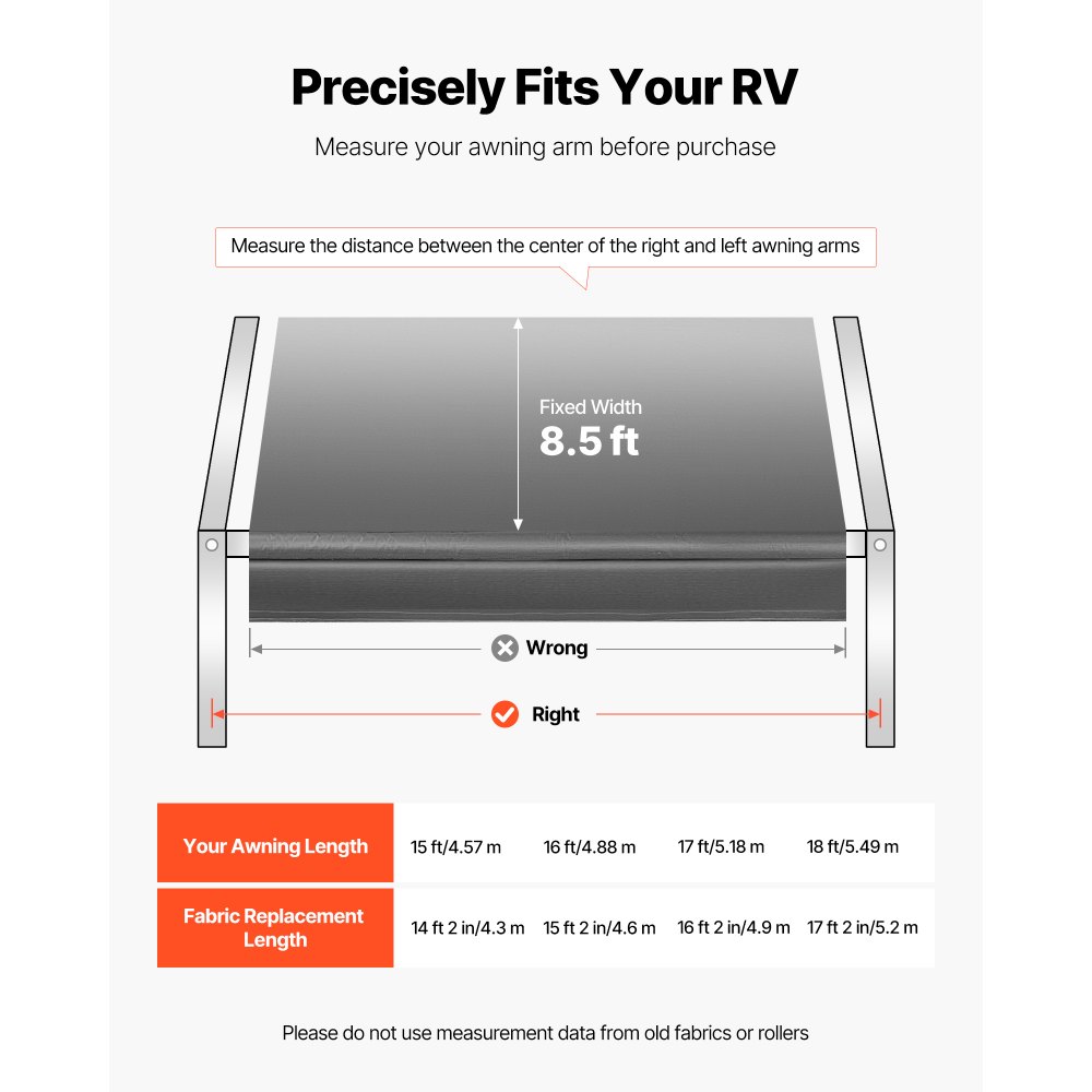 VEVOR RV Awning Fabric Replacement, 5.18 m (Fabric 4.9 m) 510 g Heavy-Duty Weatherproof Vinyl Camper Awning Replacement, UPF50+ Protection Waterproof Outdoor Canopy for RV Motorhome Trailer, Gray Fade