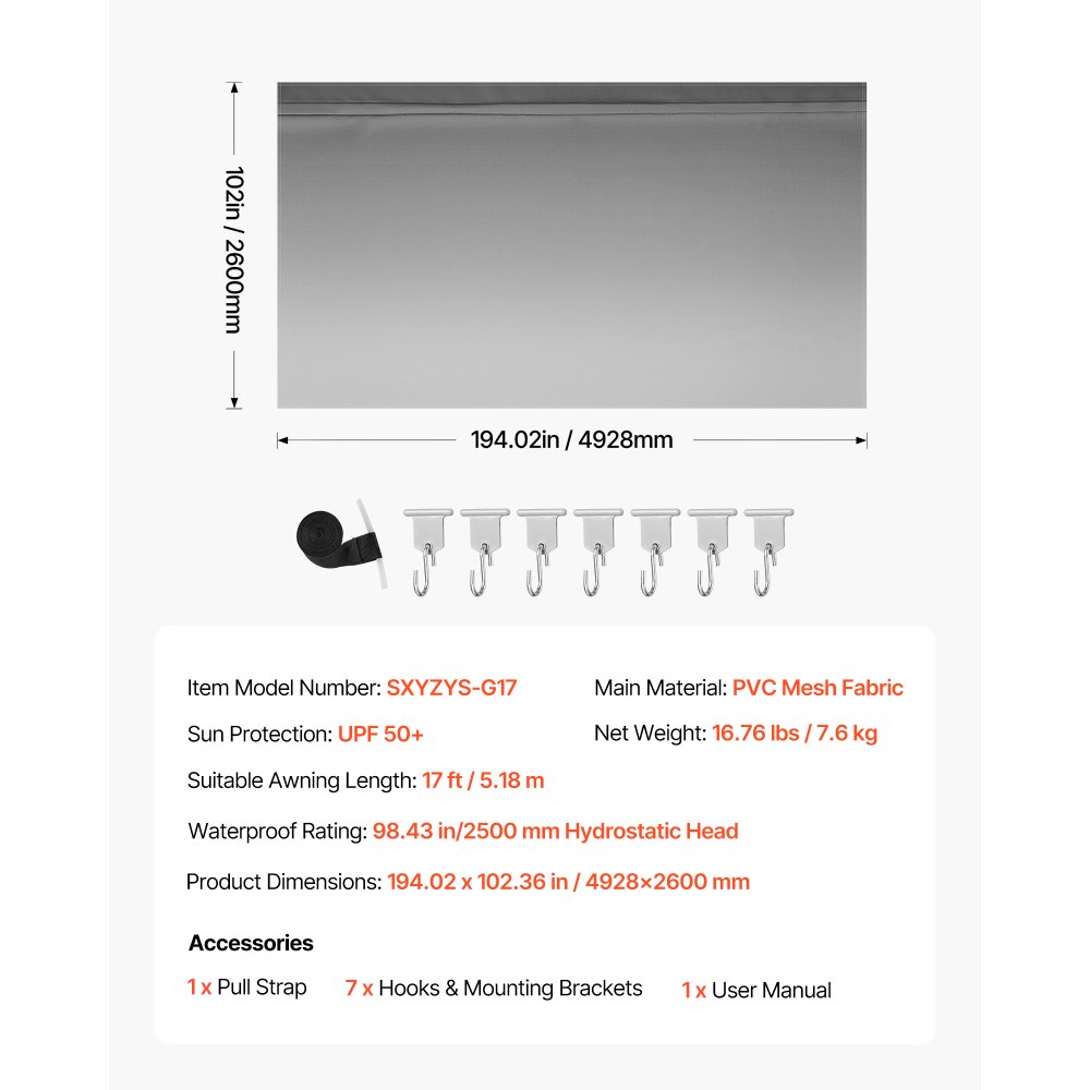 VEVOR RV Awning Fabric Replacement, 5.18 m (Fabric 4.9 m) 510 g Heavy-Duty Weatherproof Vinyl Camper Awning Replacement, UPF50+ Protection Waterproof Outdoor Canopy for RV Motorhome Trailer, Gray Fade