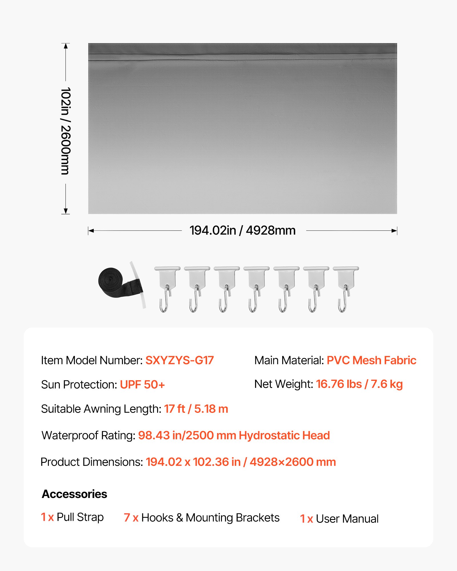 VEVOR RV Awning Fabric Replacement, 5.18 m (Fabric 4.9 m) 510 g Heavy-Duty Weatherproof Vinyl Camper Awning Replacement, UPF50+ Protection Waterproof Outdoor Canopy for RV Motorhome Trailer, Gray Fade