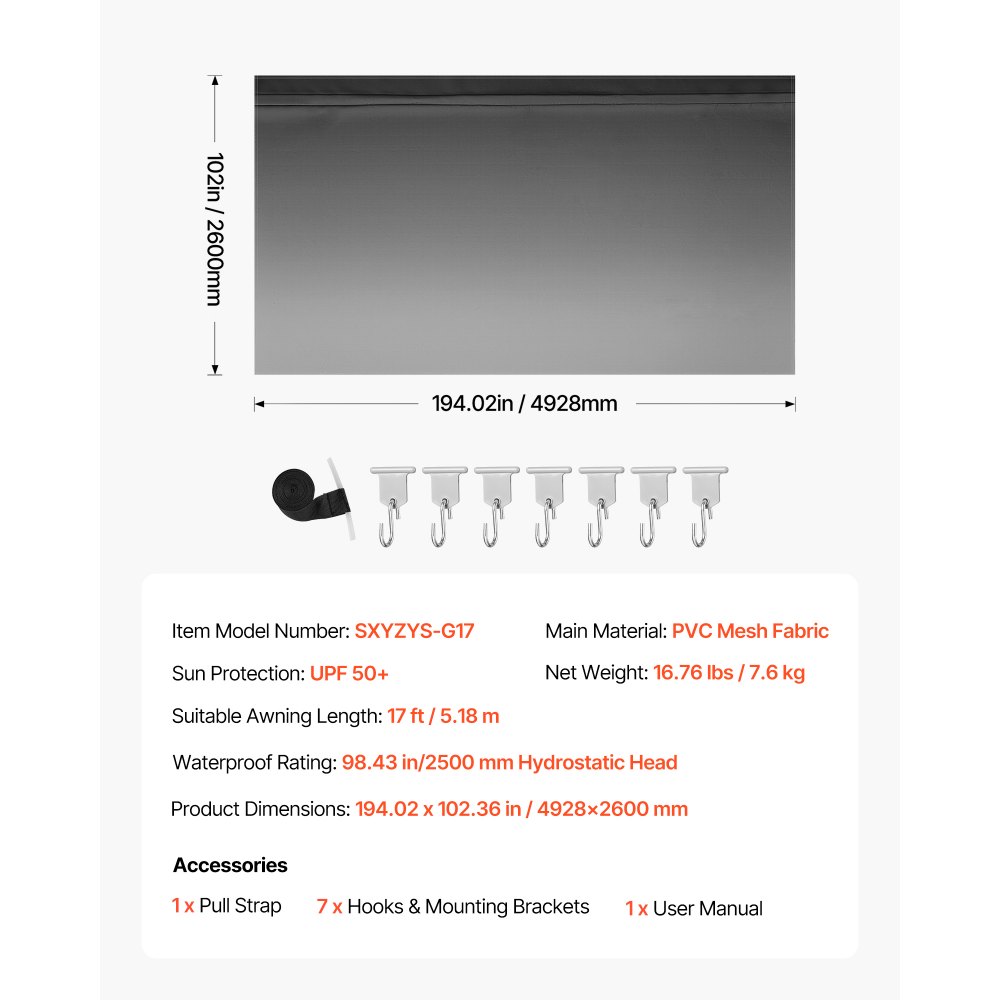 VEVOR RV Awning Fabric Replacement, 5.18 m (Fabric 4.9 m) 510g Heavy-Duty Weatherproof Vinyl Camper Awning Replacement, UPF50+ Protection Waterproof Outdoor Canopy for RV Motorhome Trailer, Black Fade