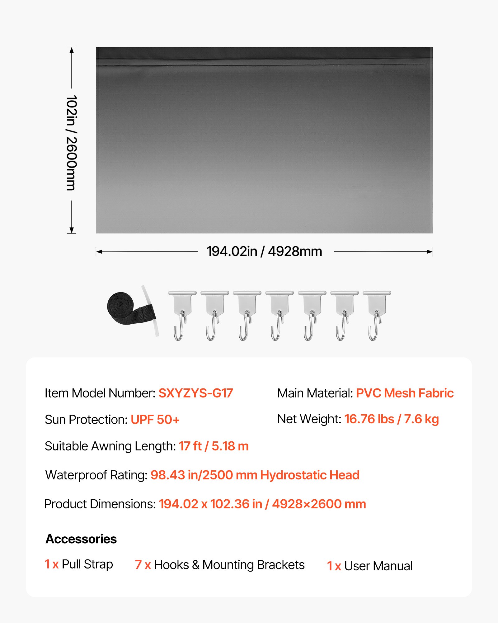 VEVOR RV Awning Fabric Replacement, 5.18 m (Fabric 4.9 m) 510g Heavy-Duty Weatherproof Vinyl Camper Awning Replacement, UPF50+ Protection Waterproof Outdoor Canopy for RV Motorhome Trailer, Black Fade