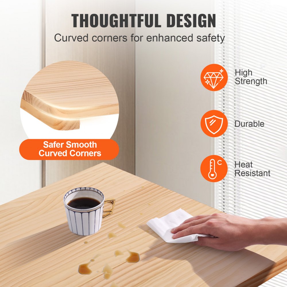 VEVOR wall mounted folding table with smooth curved corners, high strength, durable, and heat resistant.