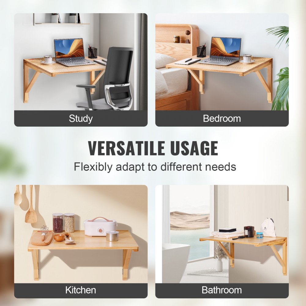 VEVOR wall mounted folding table in study, bedroom, kitchen, and bathroom setups for versatile usage.