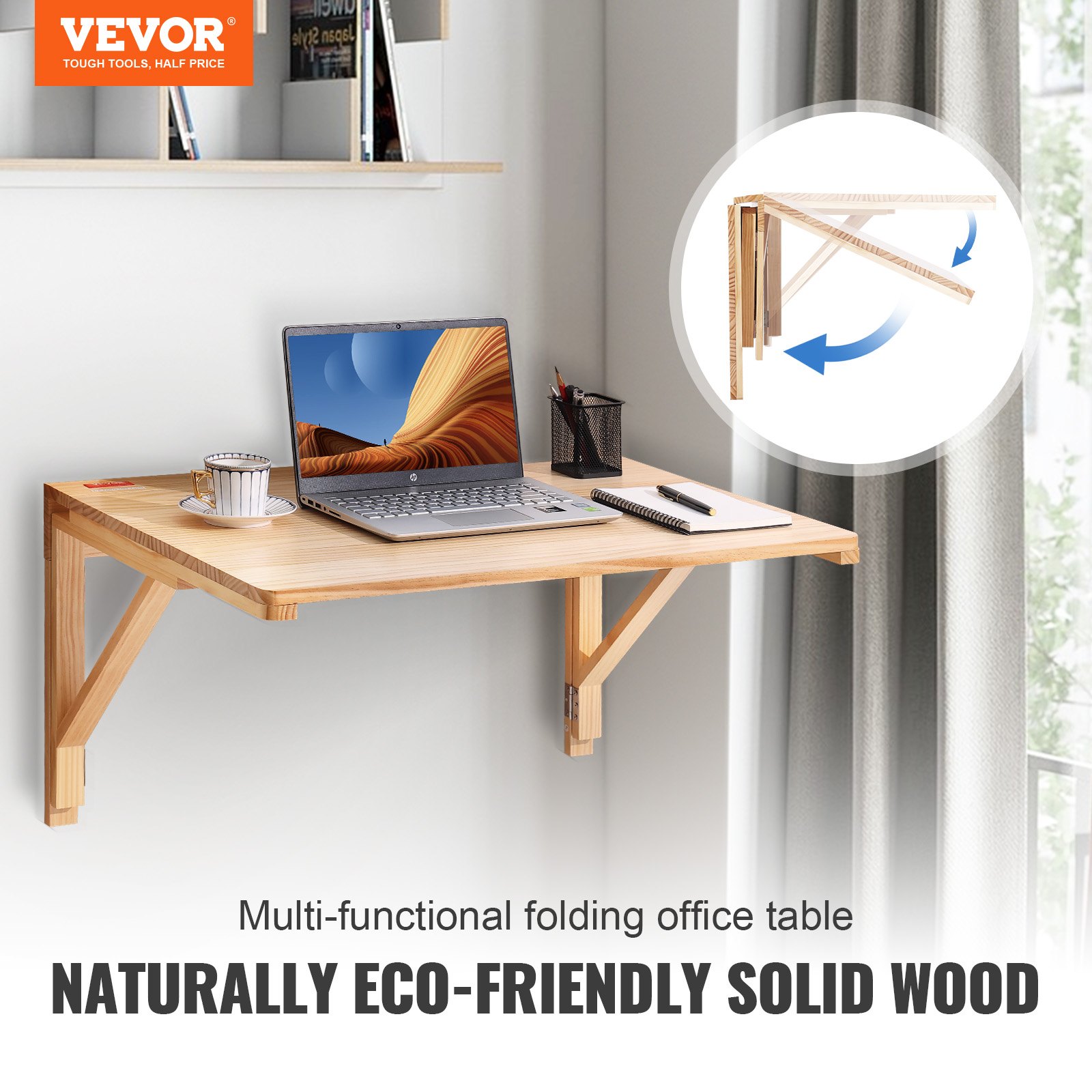 VEVOR wall mounted folding table with laptop, coffee cup, and office supplies, showcasing wood texture.