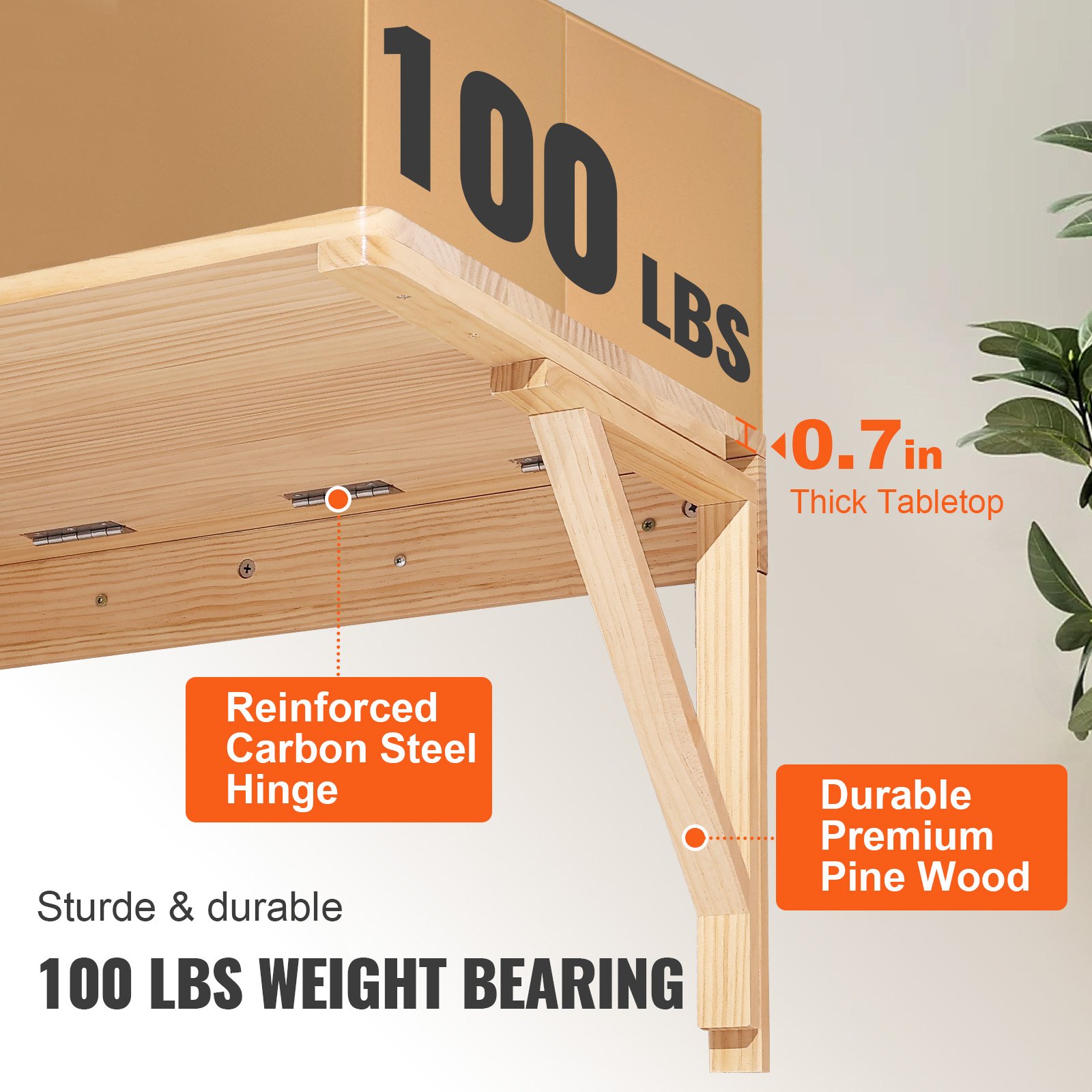 VEVOR wall mounted folding table with 100 lbs weight bearing, 0.7 in thick tabletop, and robust hinges.