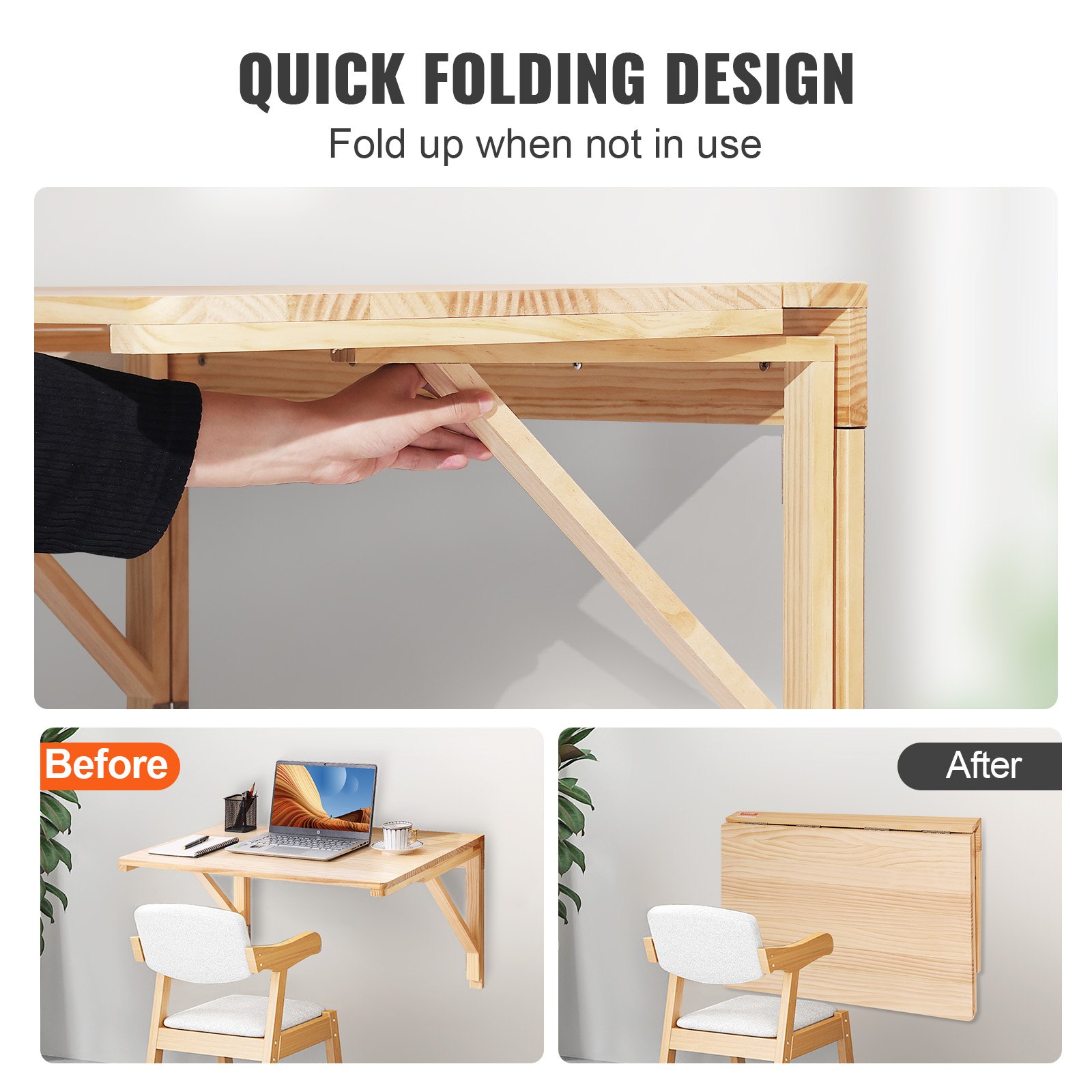 VEVOR wall mounted folding table showcasing its quick folding design with before and after examples.