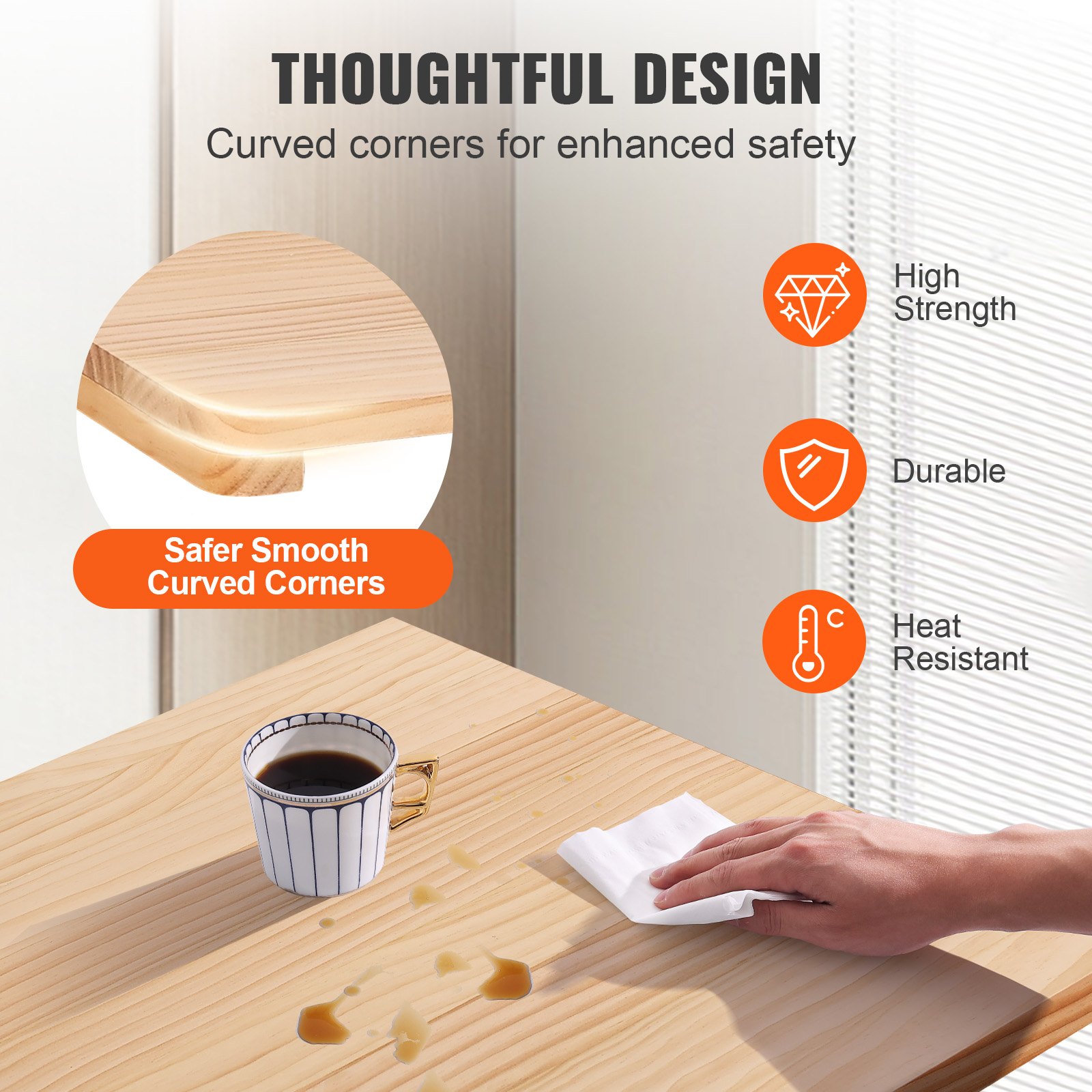 VEVOR wall mounted folding table with smooth curved corners, high strength, durable, and heat resistant.