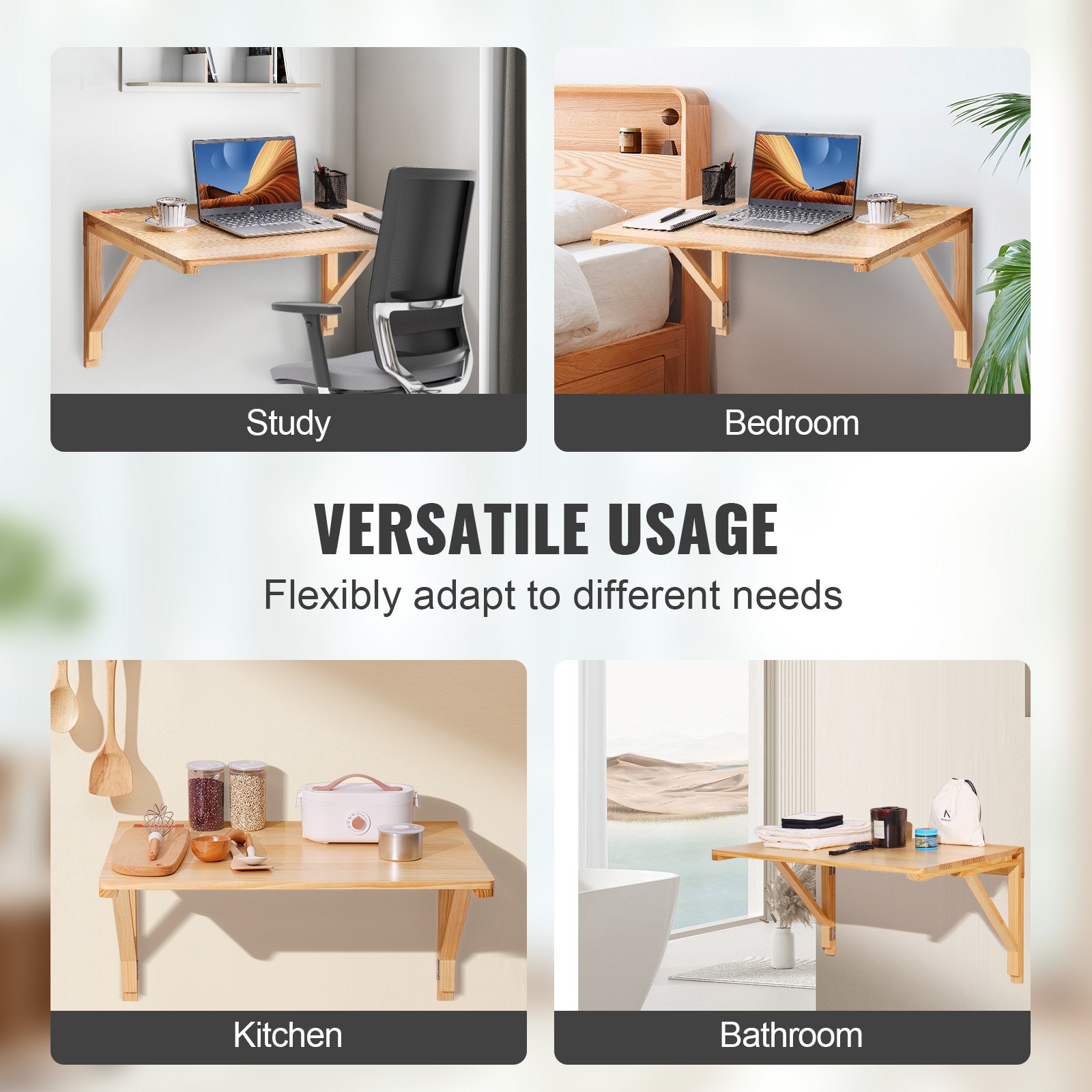 VEVOR wall mounted folding table in study, bedroom, kitchen, and bathroom setups for versatile usage.