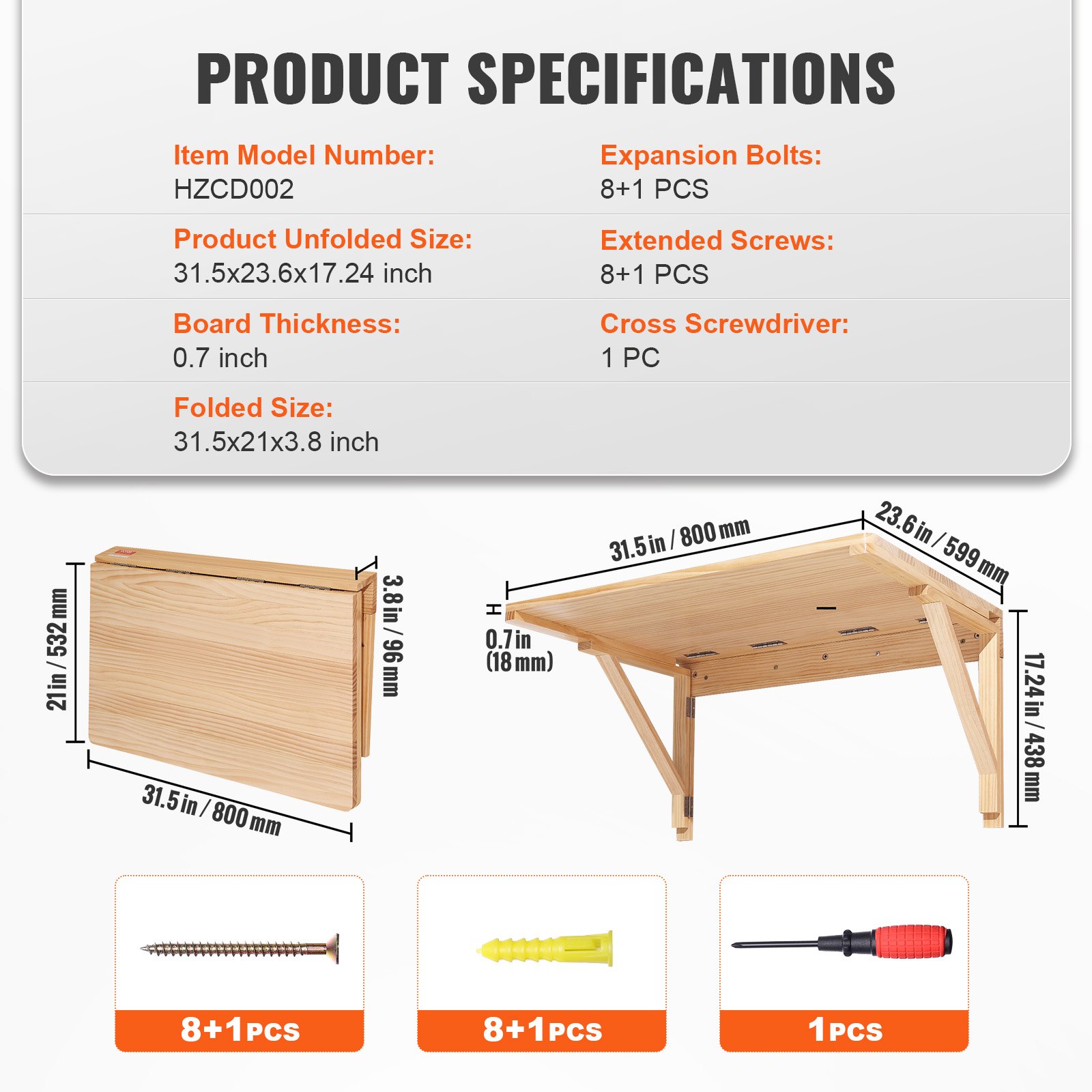 VEVOR wall mounted folding table specs: 31.5x23.6x17.24 inches, 0.7-inch board, 31.5x21x3.8 inches folded.