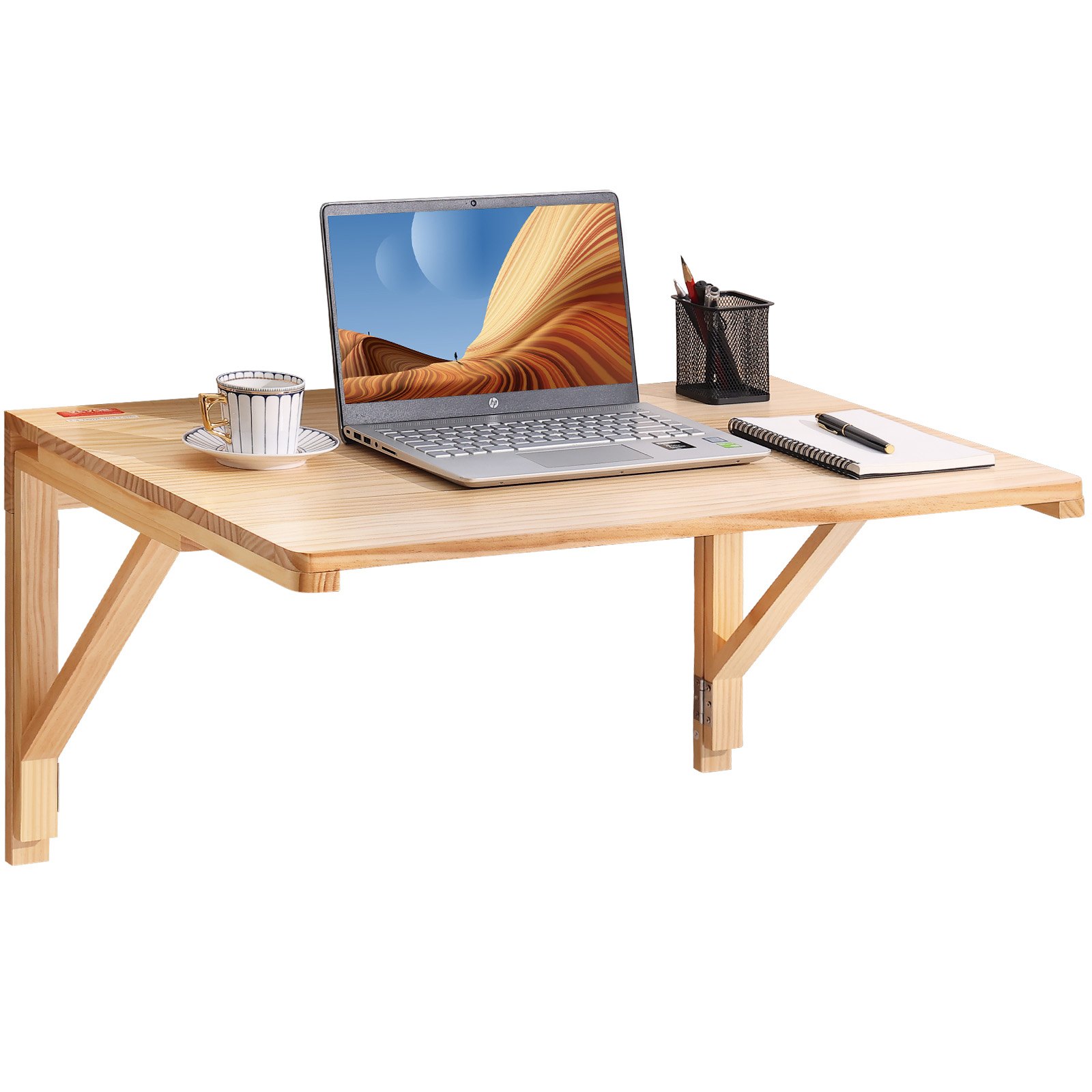 VEVOR wall mounted folding table with laptop, coffee cup, notebook, pen, and desk organizer.