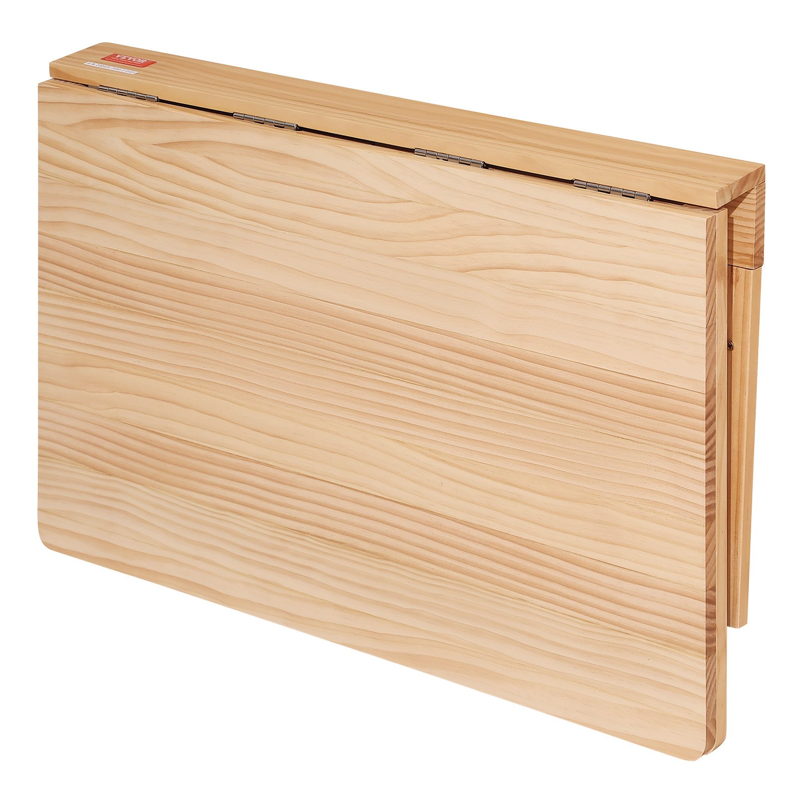 wooden foldable VEVOR wall mounted folding table in light oak finish, neatly folded against a white wall.