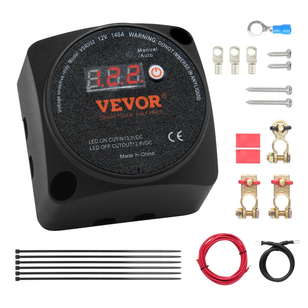 VEVOR Dual Battery Isolator Kit, 12V 140Amp, Manual and Auto Modes VSR Voltage Sensitive Relay with LCD Screen, Smart Battery Isolator for ATV UTV RV Camper Off-Road Vehicle Caravan Truck Boat Yacht