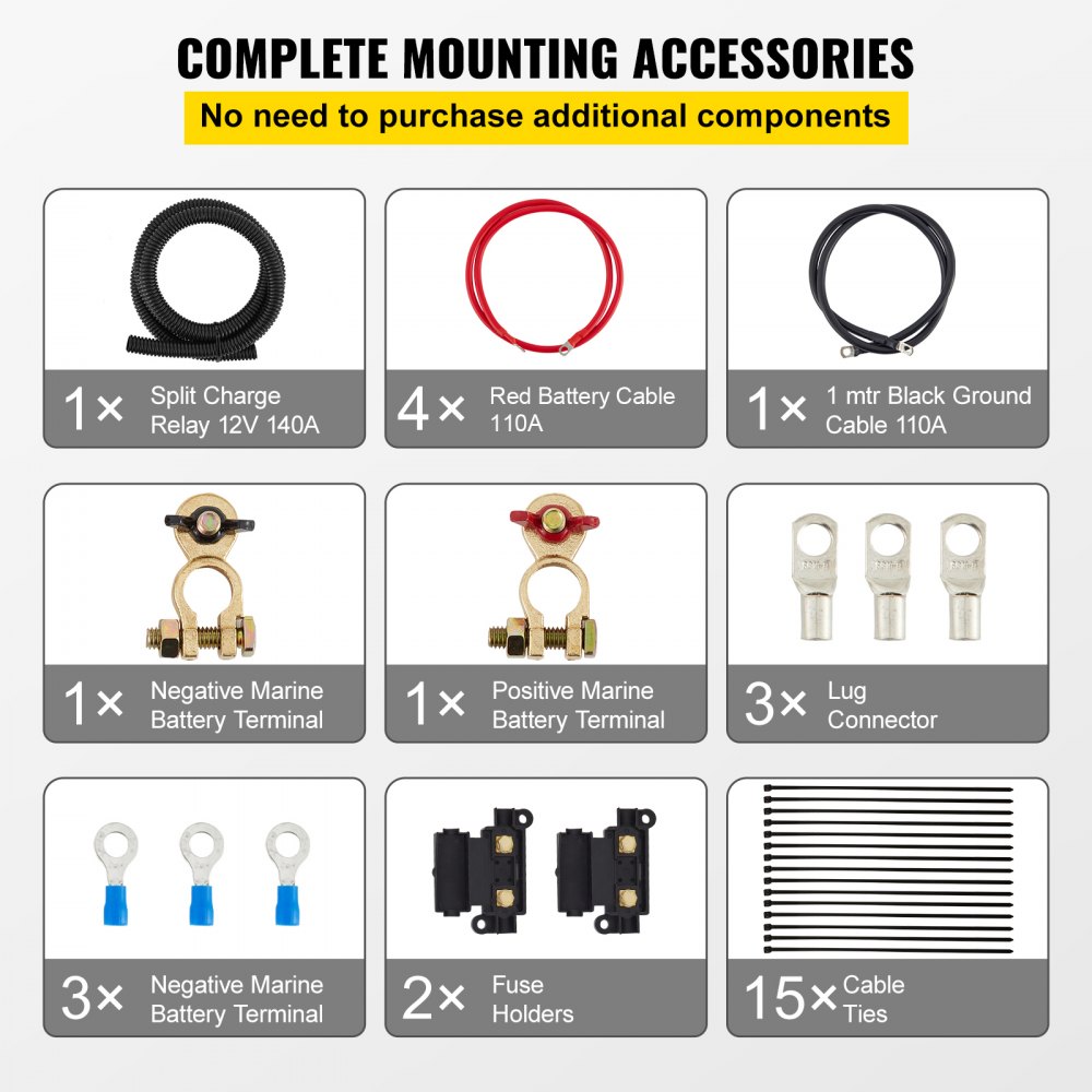 VEVOR Split Charge Relay Kit Voltage Sense Relay 2 mtr 12V 140AMP Professional