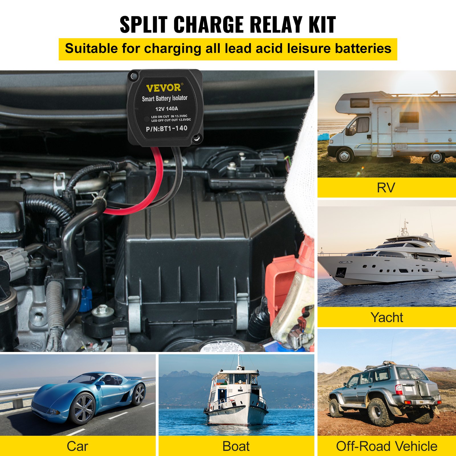 VEVOR Sada relé pro rozdělené nabíjení, 5m 12V, Automatická sada izolátoru dvou baterií s 140AMP relé VSR pro snímání napětí, Kompatibilní s RV Marine Car Vehicle Truck Karavan Camper Yacht ATV UTV Boats Workshop