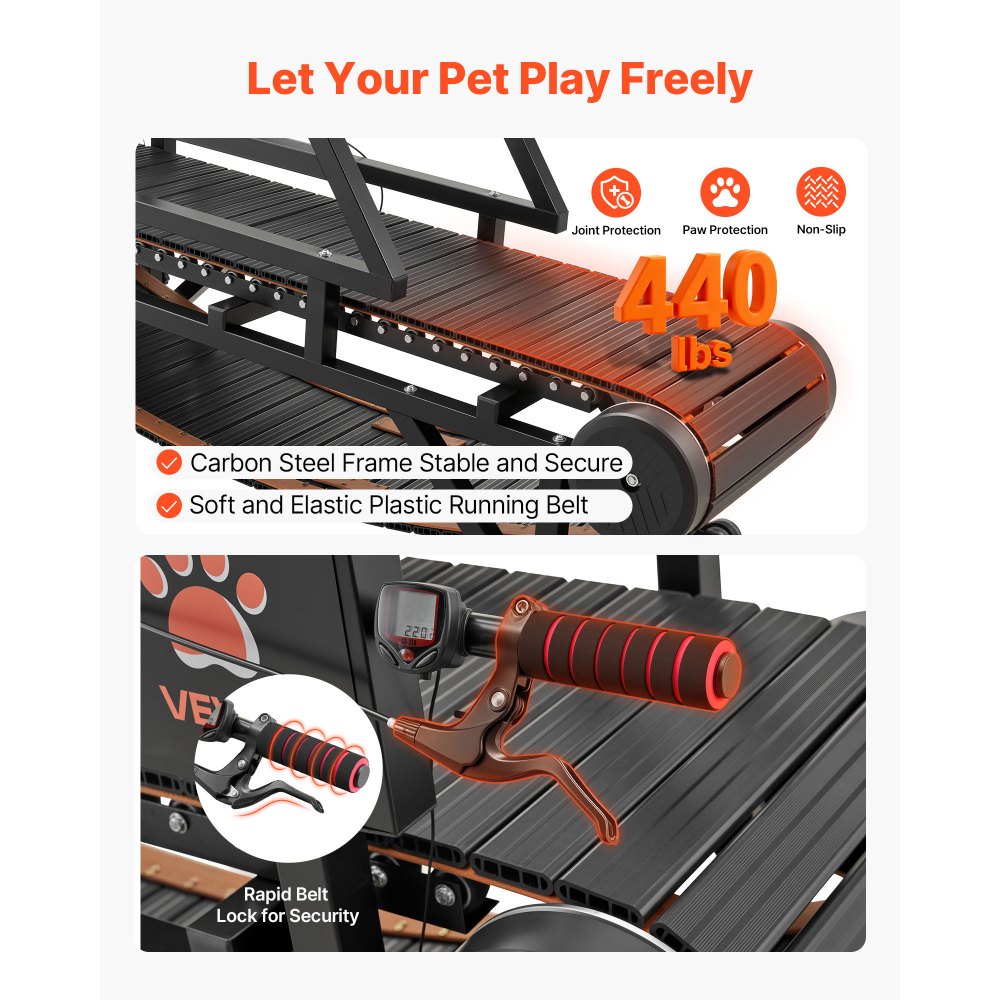 VEVOR Dog Treadmill for Small/Medium Dogs, Pet Running Machine Pacer Slatmill with Stepless Adjustment, Brake & Wheels, Upgrade Plastic Belt to Keep Pets Fit, Up to 199.6kg, 15cm Incline Height