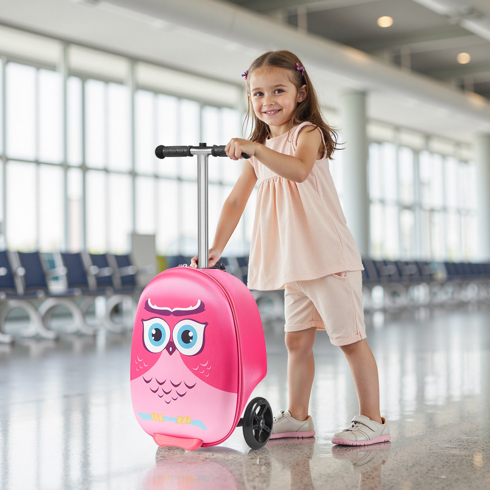 VEVOR Ride-on Luggage, 20 L Capacity, 20 Inches Kids Scooter Suitcase with Flash PU Wheels, Adjustable Handle & TPR Non-Slip Grip, Foldable & Lightweight Scooter Luggage for Kids Aged 5+, Pink