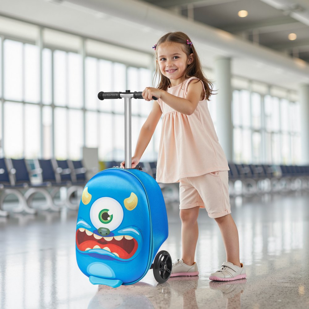 VEVOR Ride-on Luggage, 20 L Capacity, 20 Inches Kids Scooter Suitcase with Flash PU Wheels, Adjustable Handle & TPR Non-Slip Grip, Foldable & Lightweight Scooter Luggage for Kids Aged 5+, Blue