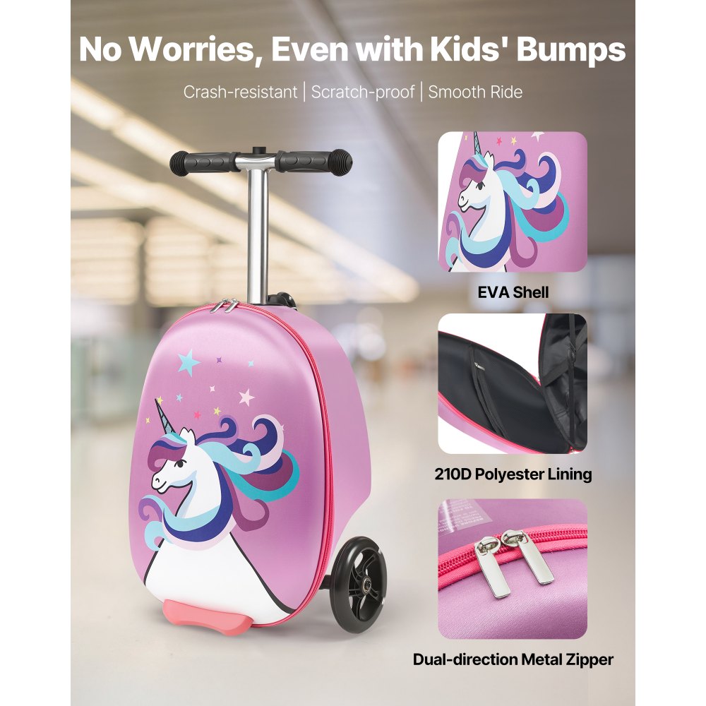 VEVOR Ride-on Luggage, 20 L Capacity, 20 Inches Kids Scooter Suitcase with Flash PU Wheels, Adjustable Handle & TPR Non-Slip Grip, Foldable & Lightweight Scooter Luggage for Kids Aged 5+, Purple