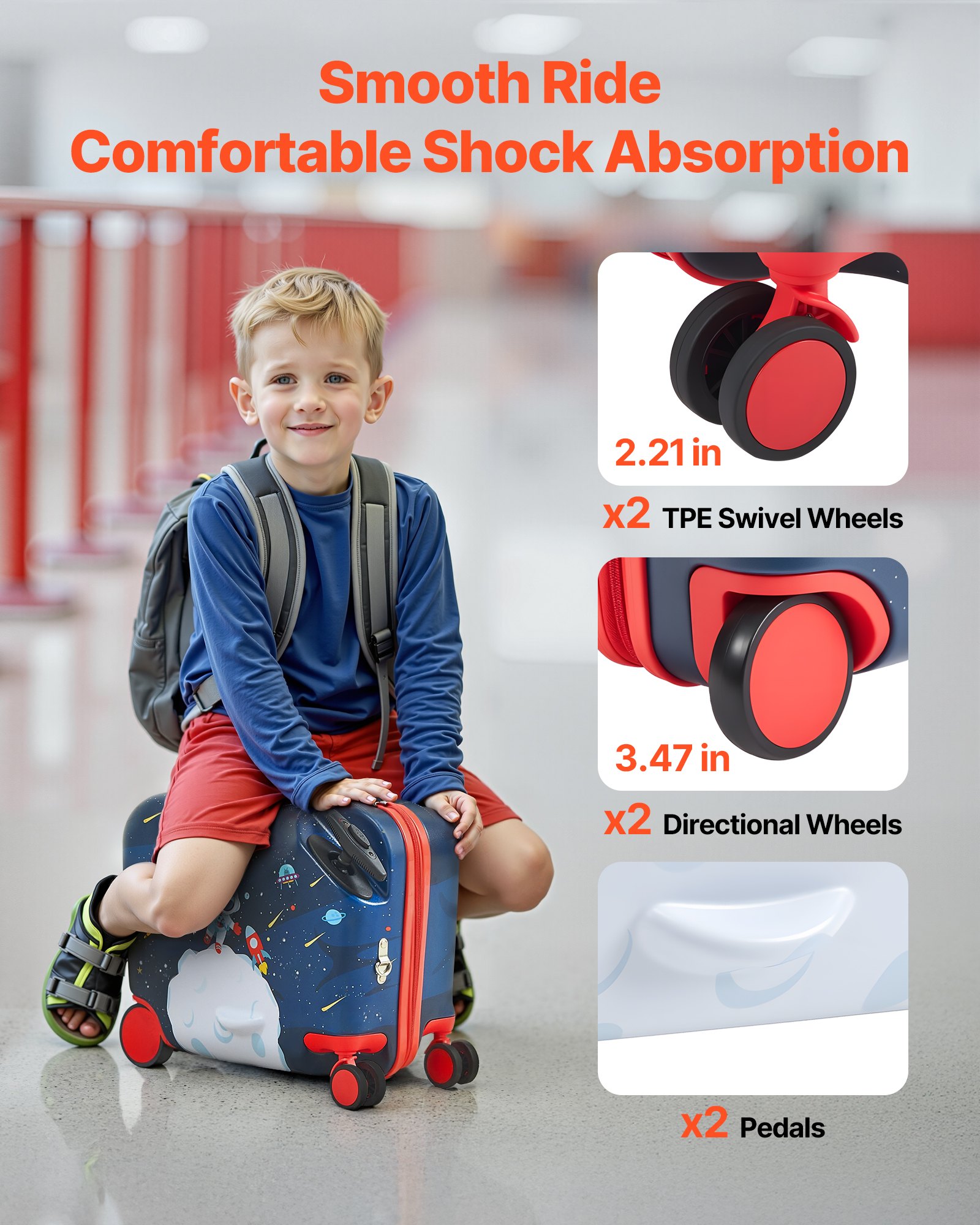 VEVOR Ride-on Luggage, 26 L Capacity, 18 Inches Tow Along Toddler Carry on Luggage with Wheels, Adjustable Shoulder Strap, Lightweight Kids Riding Suitcase for Boys & Girls Aged 3+, Blue & White