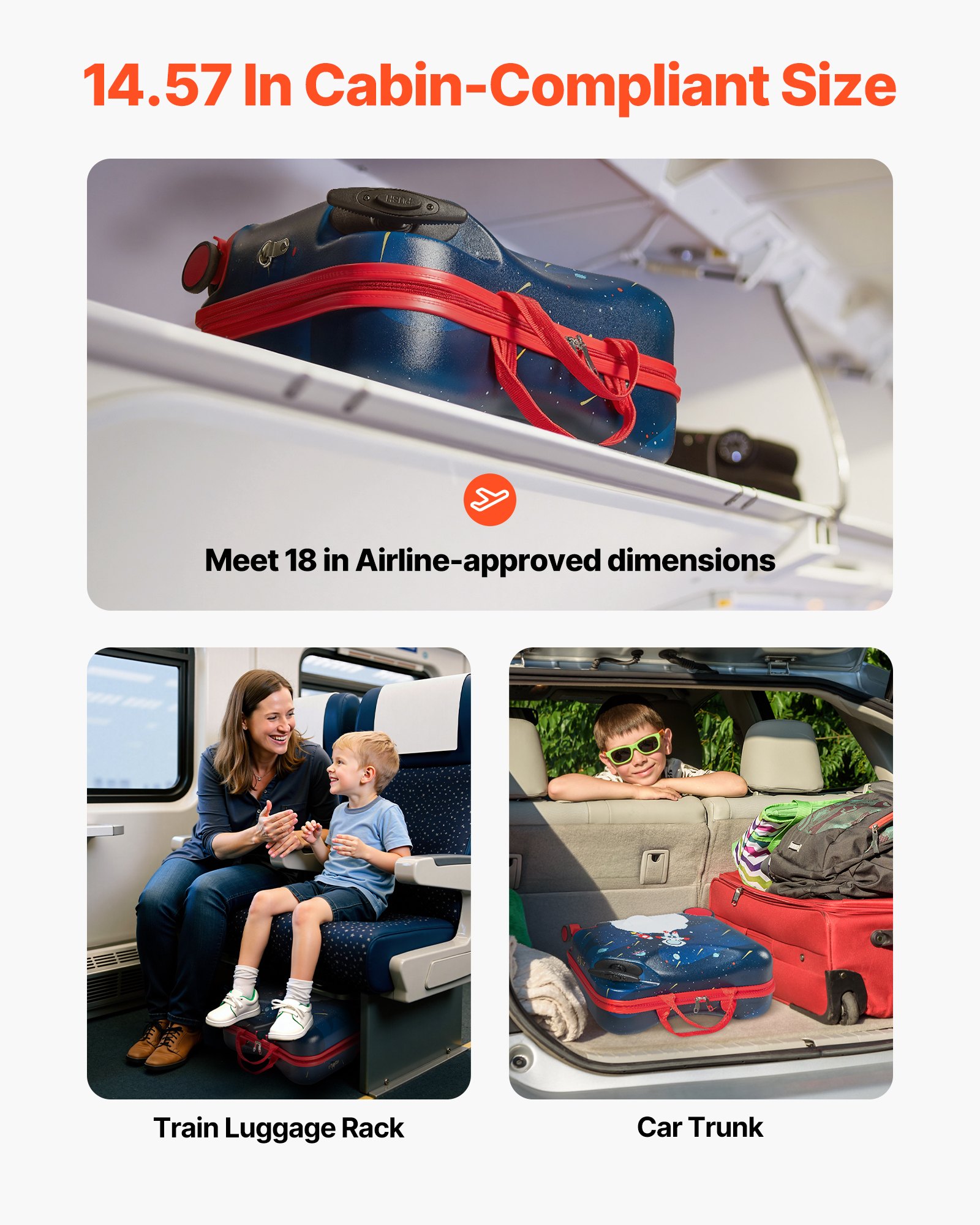 VEVOR Ride-on Luggage, 26 L Capacity, 18 Inches Tow Along Toddler Carry on Luggage with Wheels, Adjustable Shoulder Strap, Lightweight Kids Riding Suitcase for Boys & Girls Aged 3+, Blue & White