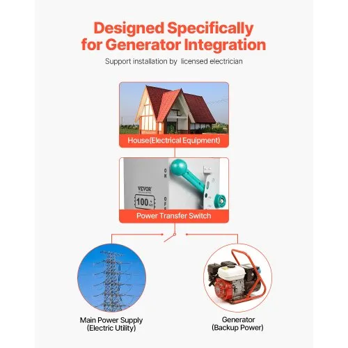 100A Manual Generator Transfer Switch – 120/240V, 24000W Capacity, Pre-Wired For Easy Install – Safely Connects Portable Generator To Home Circuit Panel