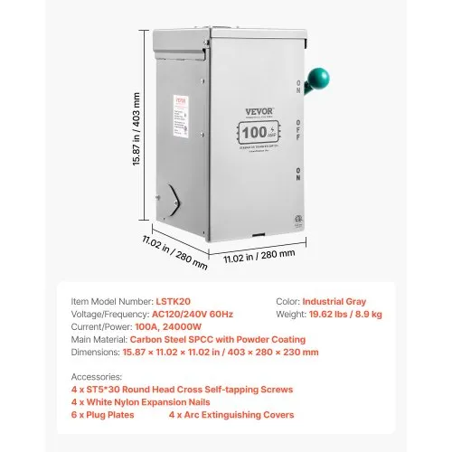 100A Manual Generator Transfer Switch – 120/240V, 24000W Capacity, Pre-Wired For Easy Install – Safely Connects Portable Generator To Home Circuit Panel