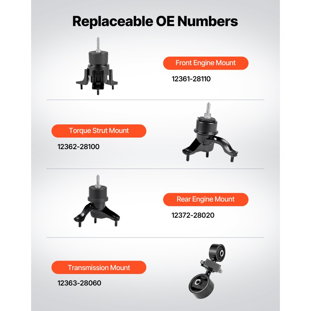 VEVOR Engine and Transmission Motor Mount Kit Replacement, Set of 4, Compatible with 2007–2011 Toyota Camry 2.4L L4, Replace OE# A62009, A4207, A4211, A4274, Secure Support