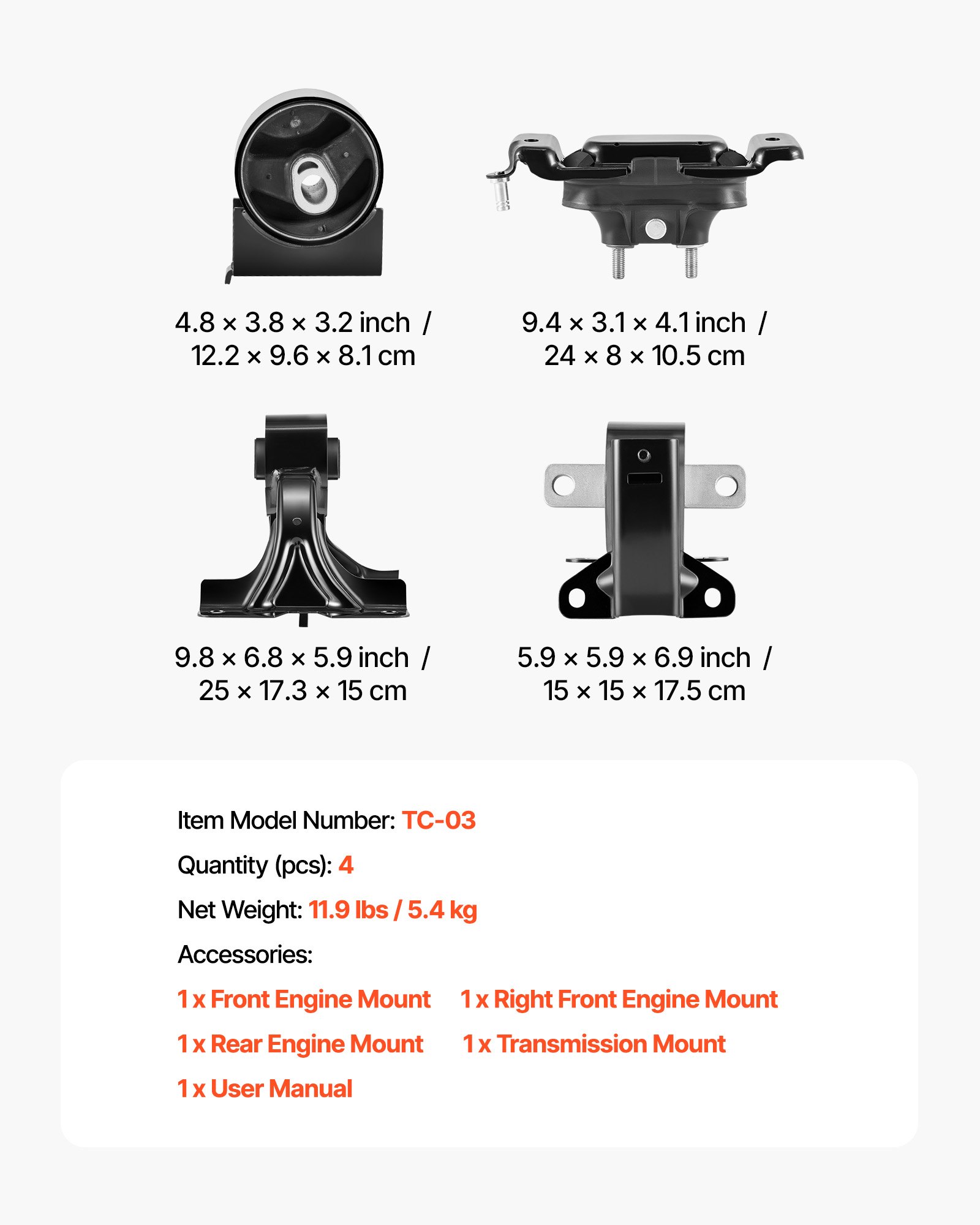 VEVOR Engine Motor Mount and Transmission Mount Kit Replacement, Set of 4, Compatible with 2011–2016 Chrysler Town & Country 3.6L V6, Replace OE# A5665, A5480, A5589, A5577, Secure Support