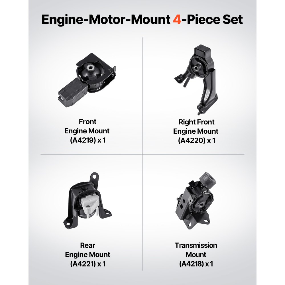 VEVOR Engine and Transmission Motor Mount Kit Replacement, Set of 4, Compatible with 2003–2008 Toyota Corolla 1.8L L4, Replace OE# A4220, A4219, A4218, A4221, Secure Support