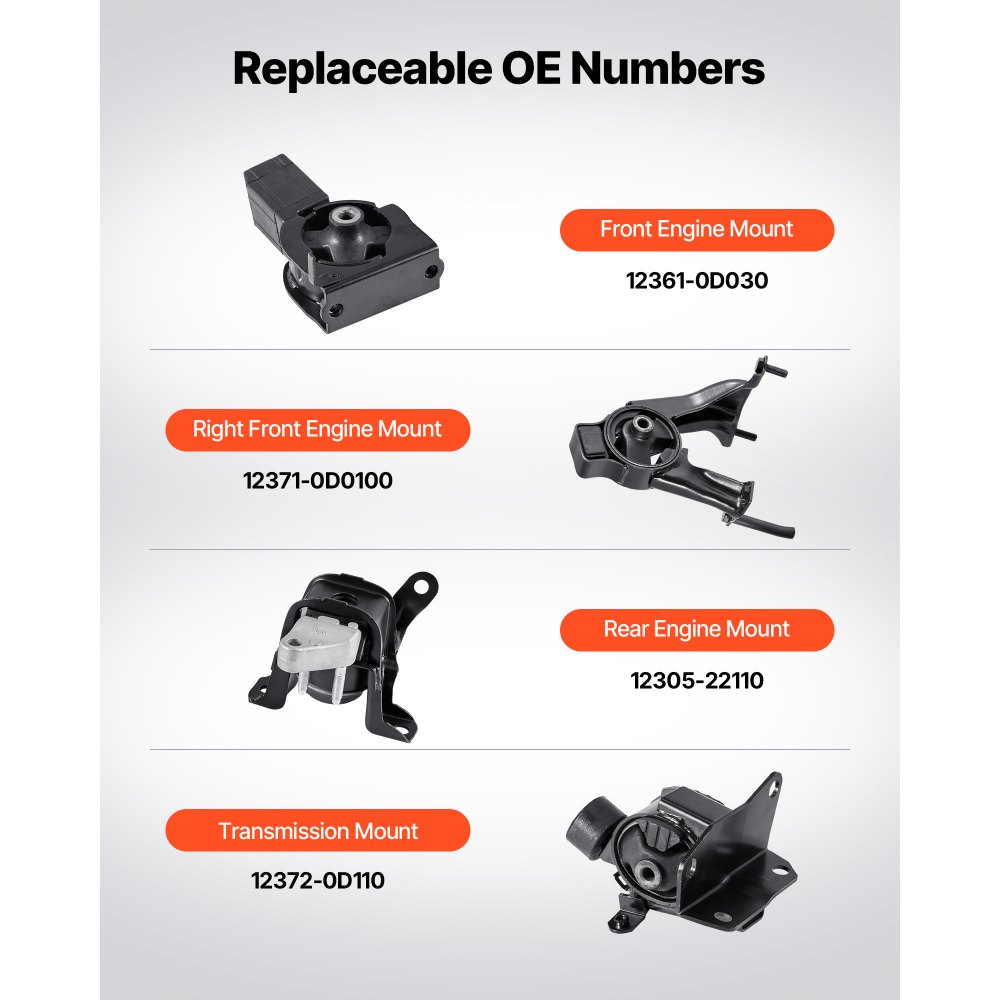 VEVOR Engine and Transmission Motor Mount Kit Replacement, Set of 4, Compatible with 2003–2008 Toyota Corolla 1.8L L4, Replace OE# A4220, A4219, A4218, A4221, Secure Support