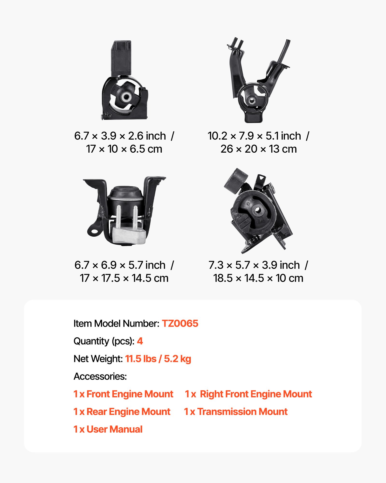 VEVOR Engine and Transmission Motor Mount Kit Replacement, Set of 4, Compatible with 2003–2008 Toyota Corolla 1.8L L4, Replace OE# A4220, A4219, A4218, A4221, Secure Support