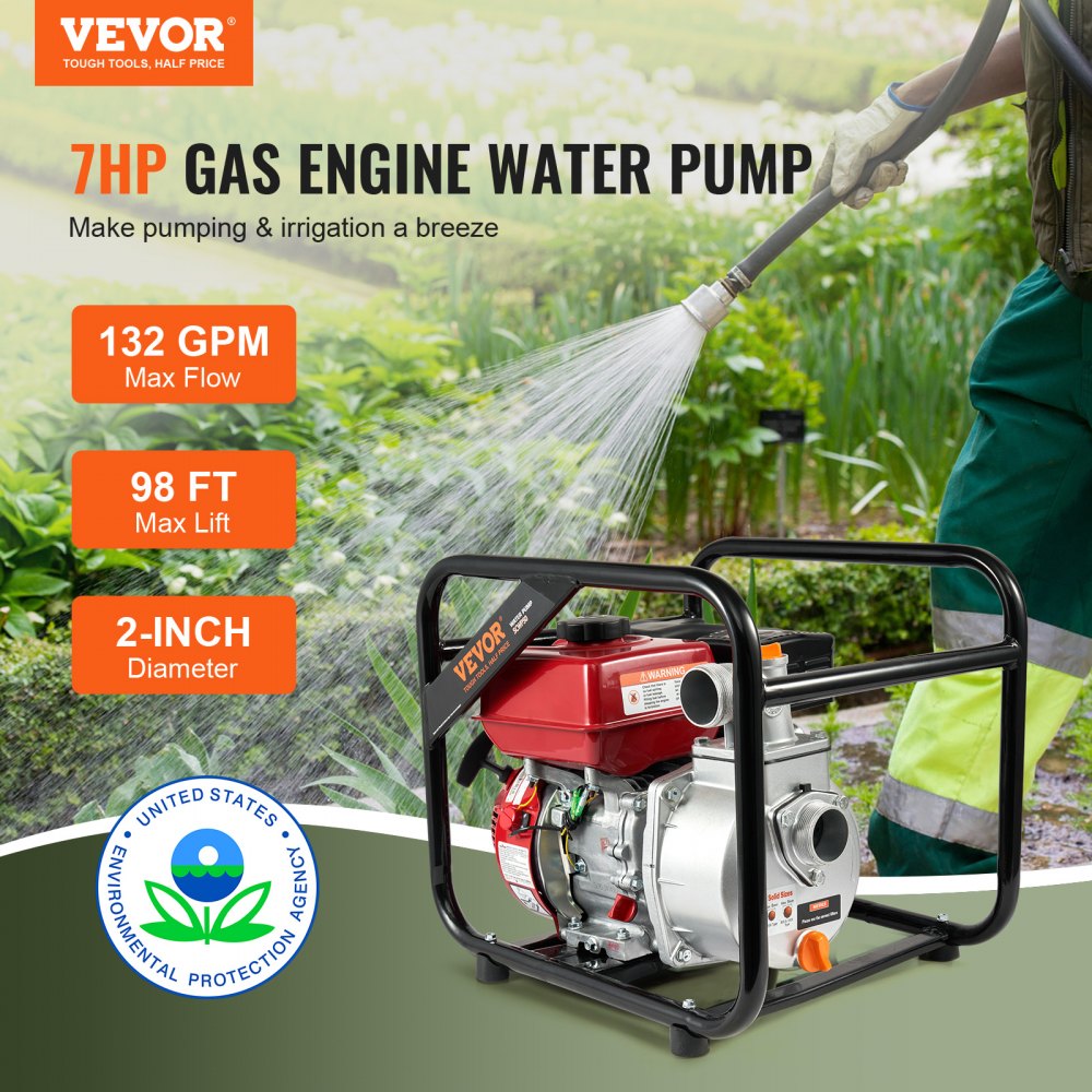 VEVOR Gasoline Powered Trash Pump, 2 in/50 mm, 7HP 132GPM 4-Stroke Gasoline Engine Water Transfer Pump with 25 ft/7.62 m Outlet Hose Max 98 ft Lift 26ft Suction, Cast Iron Impeller for Irrigation Pool