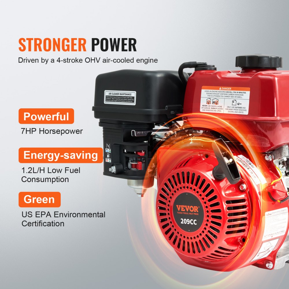 VEVOR Gasoline Powered Trash Pump, 2 in/50 mm, 7HP 132GPM 4-Stroke Gasoline Engine Water Transfer Pump with 25 ft/7.62 m Outlet Hose Max 98 ft Lift 26ft Suction, Cast Iron Impeller for Irrigation Pool