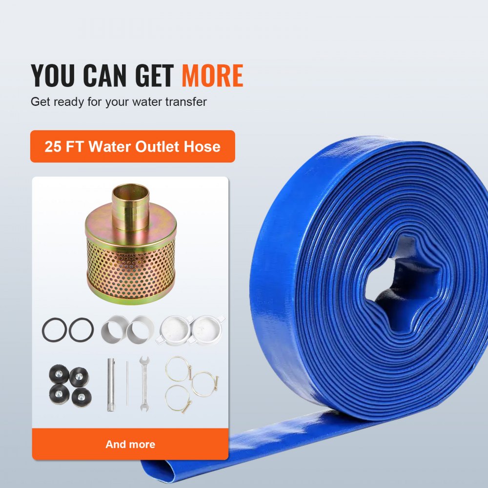 VEVOR Gasoline Powered Trash Pump, 2 in/50 mm, 7HP 132GPM 4-Stroke Gasoline Engine Water Transfer Pump with 25 ft/7.62 m Outlet Hose Max 98 ft Lift 26ft Suction, Cast Iron Impeller for Irrigation Pool