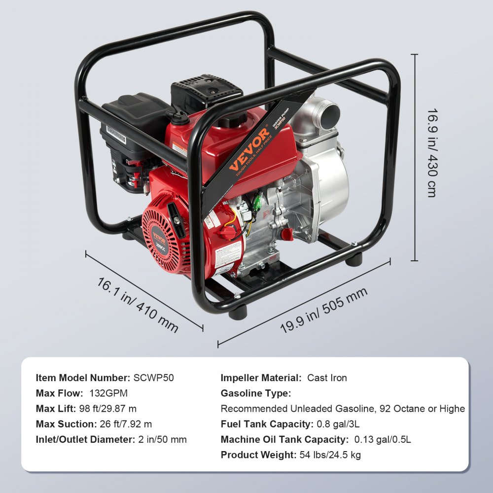 VEVOR Gasoline Powered Trash Pump, 2 in/50 mm, 7HP 132GPM 4-Stroke Gasoline Engine Water Transfer Pump with 25 ft/7.62 m Outlet Hose Max 98 ft Lift 26ft Suction, Cast Iron Impeller for Irrigation Pool