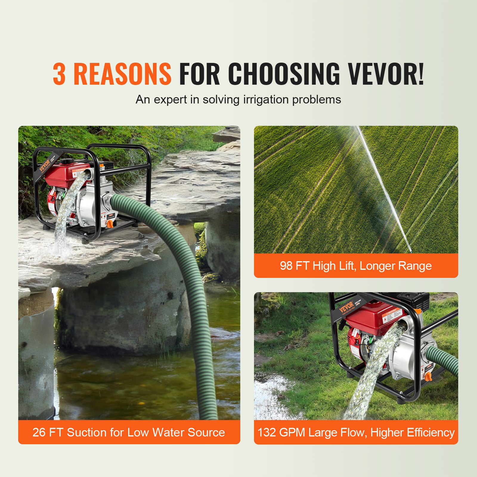 VEVOR Gasoline Powered Trash Pump, 2 in/50 mm, 7HP 132GPM 4-Stroke Gasoline Engine Water Transfer Pump with 25 ft/7.62 m Outlet Hose Max 98 ft Lift 26ft Suction, Cast Iron Impeller for Irrigation Pool