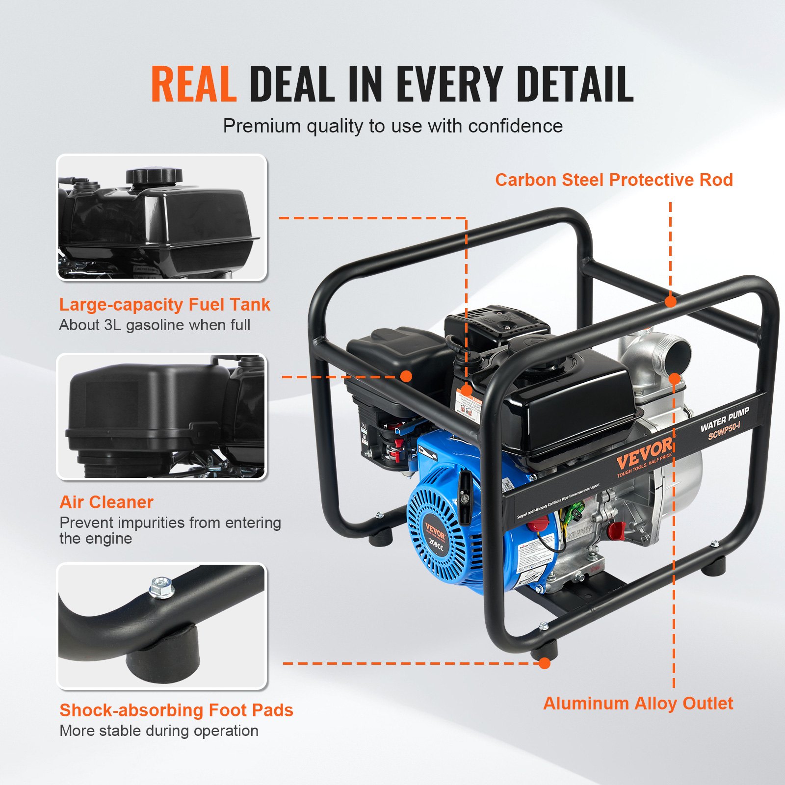 VEVOR Gasoline Powered Trash Pump, 2 in/50 mm, 6.5HP 132 GPM 4-Stroke Gasoline Engine Water Transfer Pump with 98 ft Max Lift 26ft Max Suction Inlet Filter, Cast Iron Impeller for Irrigation Pool