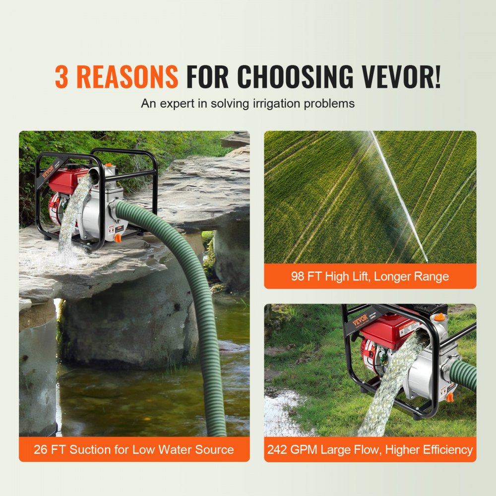 VEVOR Gasoline Powered Trash Pump, 3 in/80 mm, 7HP 242GPM 4-Stroke Gasoline Engine Water Transfer Pump with 25 ft/7.62 m Outlet Hose Max 98 ft Lift 26ft Suction, Cast Iron Impeller for Irrigation Pool