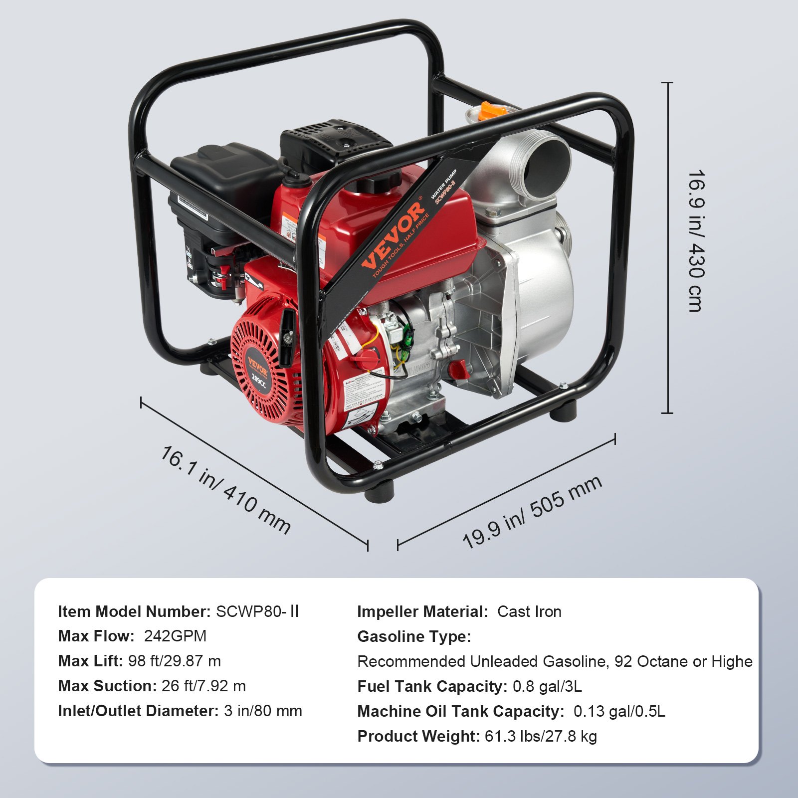 VEVOR Gasoline Powered Trash Pump, 3 in/80 mm, 7HP 242GPM 4-Stroke Gasoline Engine Water Transfer Pump with 25 ft/7.62 m Outlet Hose Max 98 ft Lift 26ft Suction, Cast Iron Impeller for Irrigation Pool