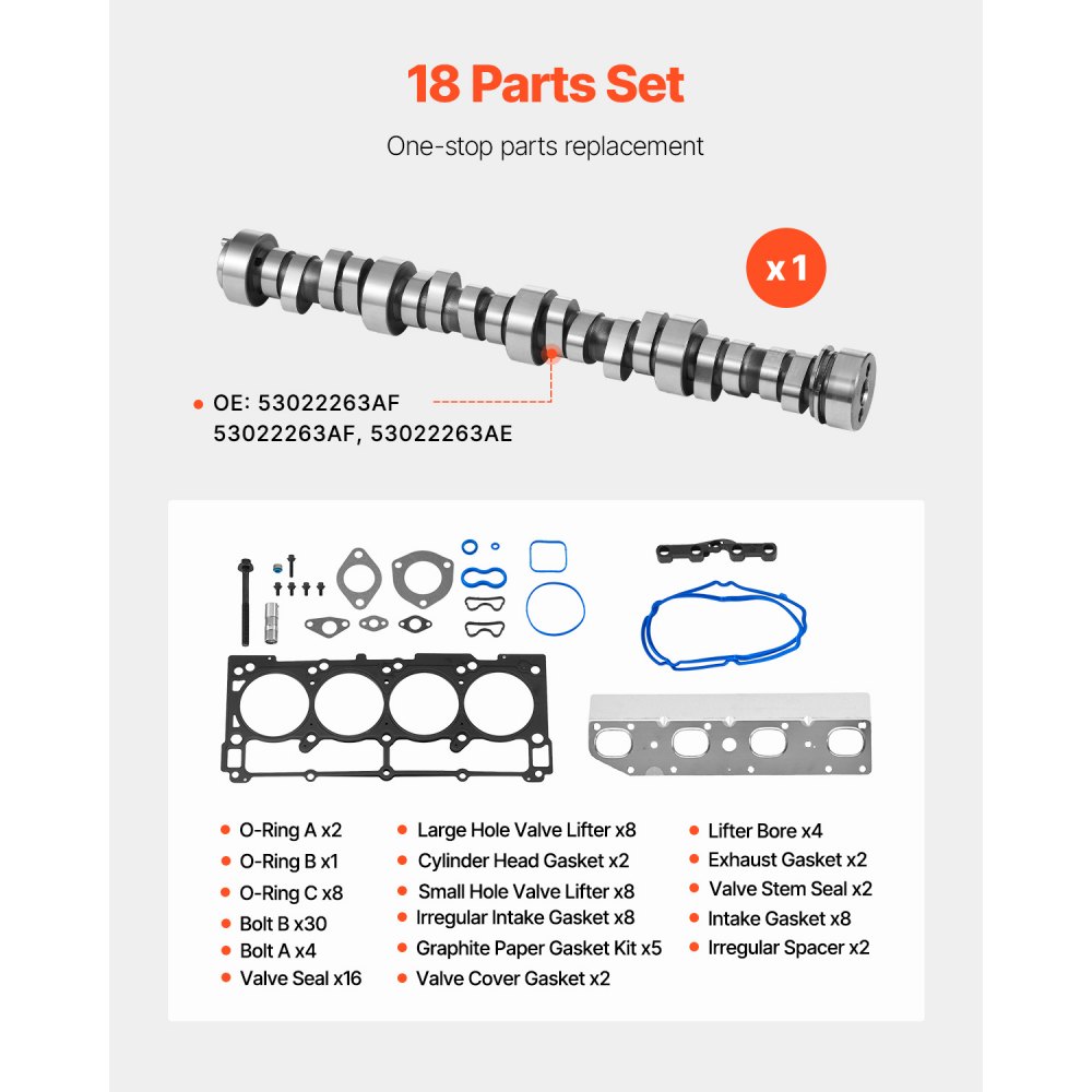 VEVOR Lifter Camshaft Kit, 18-Piece Set, Fits 2009-2021 Jeep Grand Cherokee, 2009-2021 Dodge Challenger, Fits 1999-2013 4.8L, 5.3L, and 5.7L LS-Based Engines, V8 5.7L
