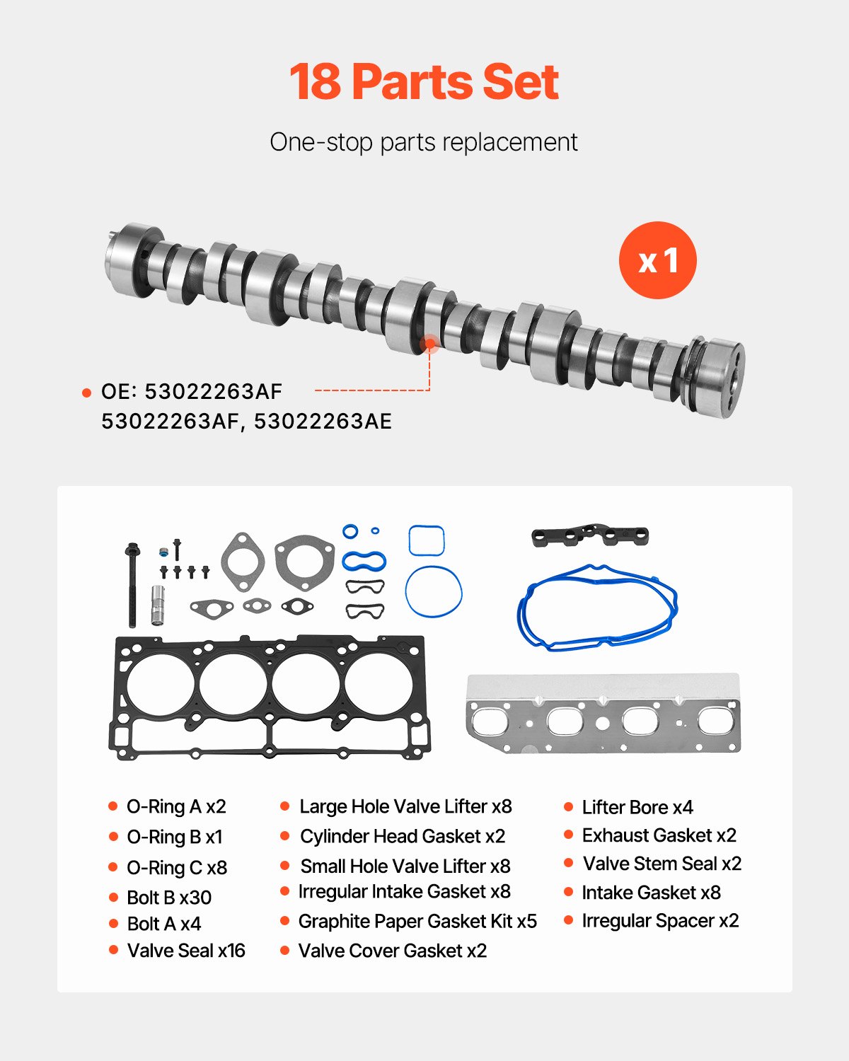 VEVOR Lifter Camshaft Kit, 18-Piece Set, Fits 2009-2021 Jeep Grand Cherokee, 2009-2021 Dodge Challenger, Fits 1999-2013 4.8L, 5.3L, and 5.7L LS-Based Engines, V8 5.7L
