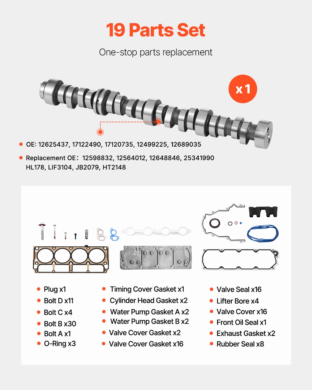 VEVOR AFM Disabled Kit with Camshaft Lifters, 19-Piece Set, Fit 2007-2013 Chevrolet Avalanche/Suburban 1500/Tahoe, 2007 Silverado 1500 CLASSIC/GMC Sierra 1500 CLASSIC, 5.3L 4.8L Truck/SUV Engines