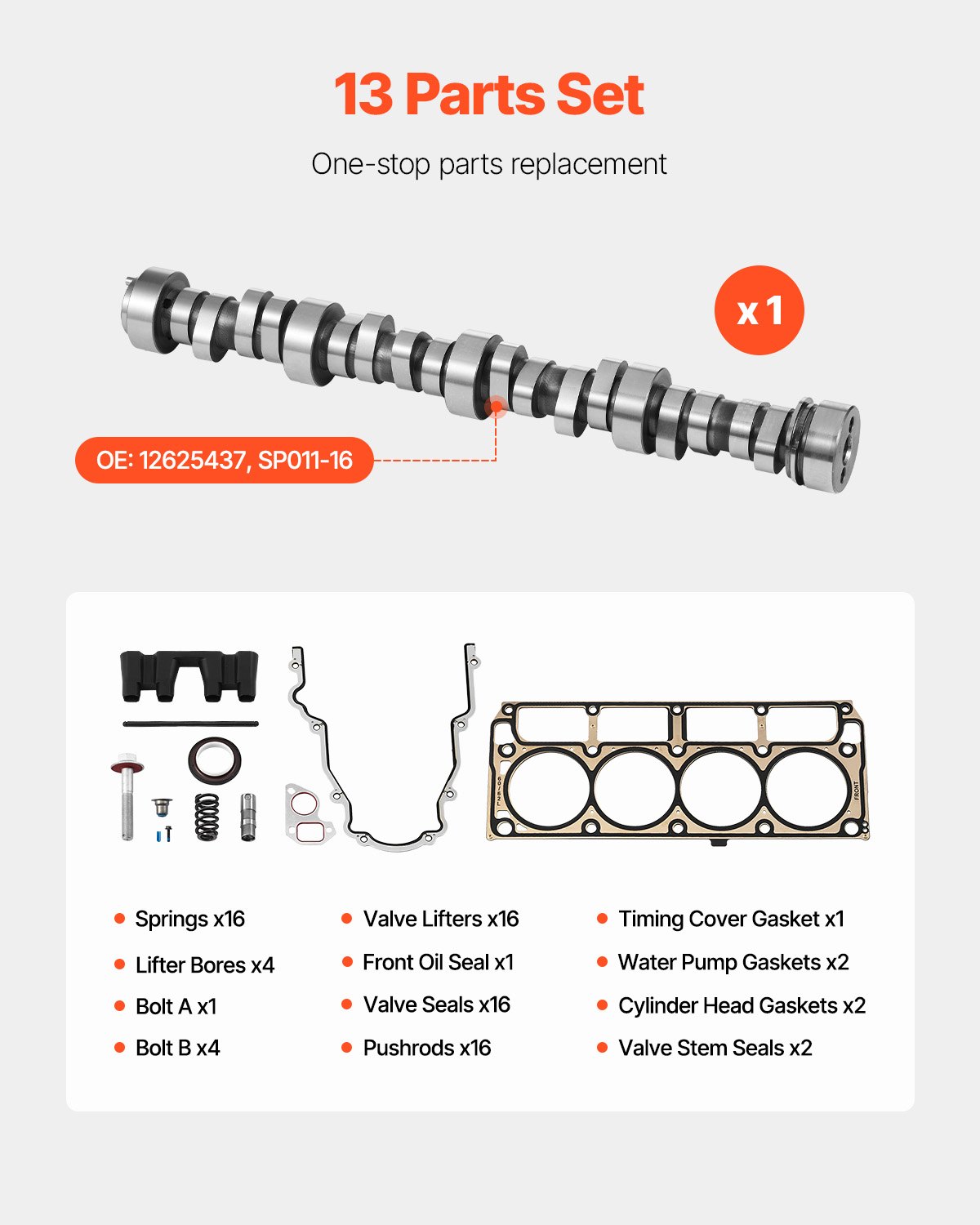 VEVOR Lifter Camshaft Kit, 13-Piece Set, Gray Cast Iron Engine Cam, Compatible with Norris trucks from 1999-2013 GM Gen3/4, Fit 1999-2013 LS-Based Engines (Silverado, Sierra, Tahoe, Yukon/LS1)