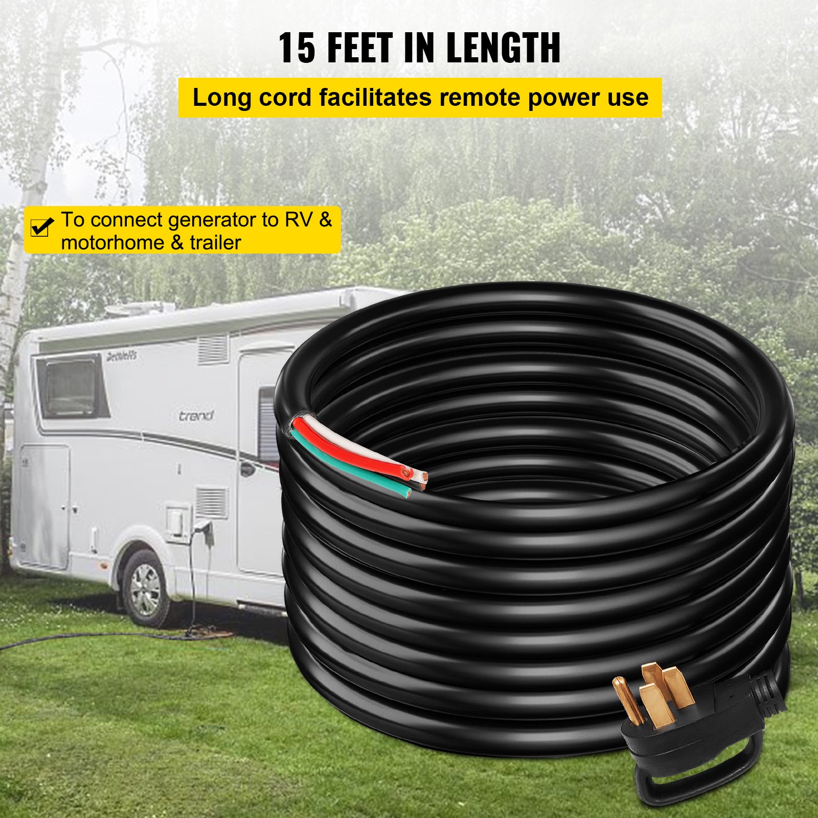 VEVOR 15 ft 50A RV Camp Power Cord Generator Cord 6/3+8/1 AWG NEMA 14-50P to Bare Wire