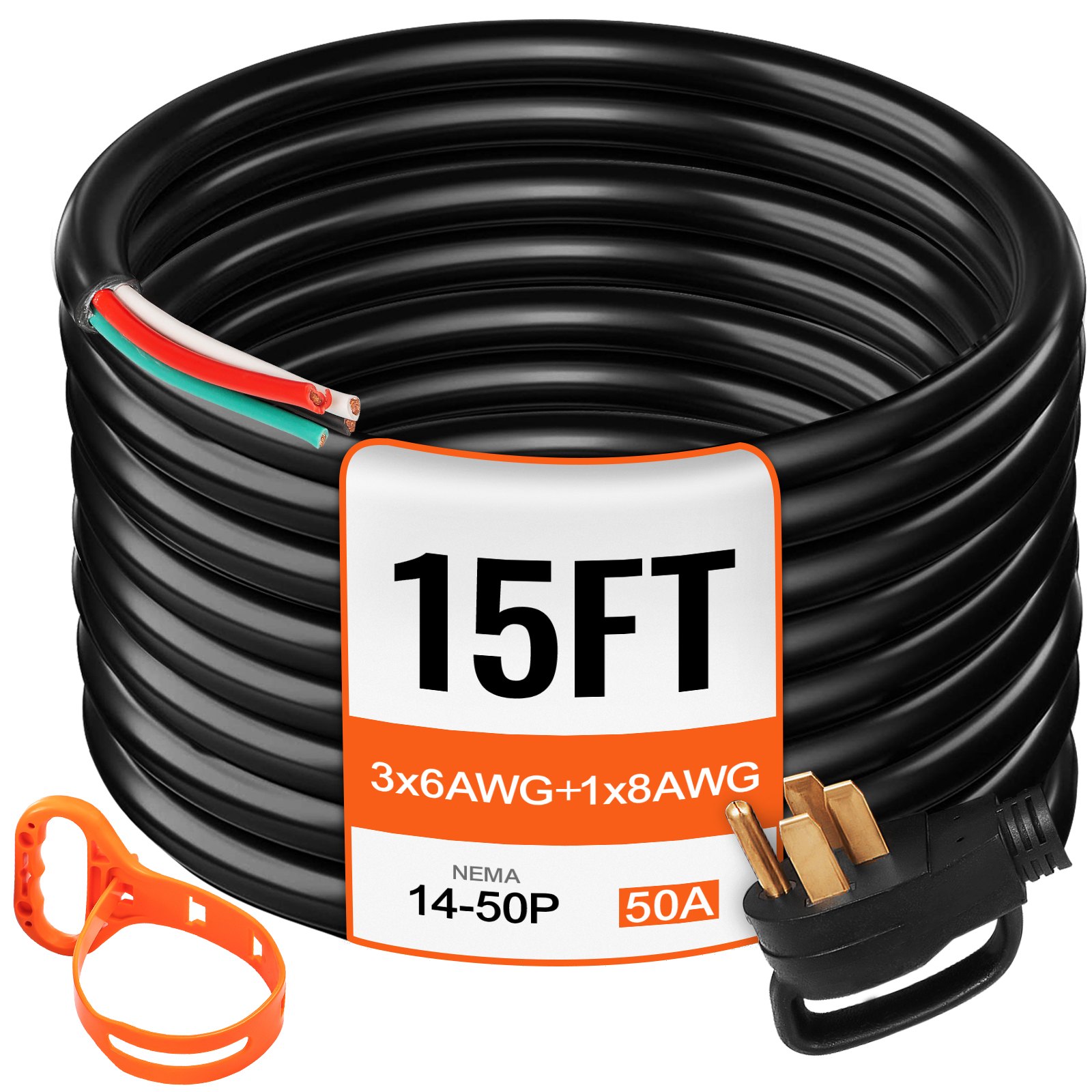VEVOR 15 ft 50A RV Camp Power Cord Generator Cord 6/3+8/1 AWG NEMA 14-50P to Bare Wire