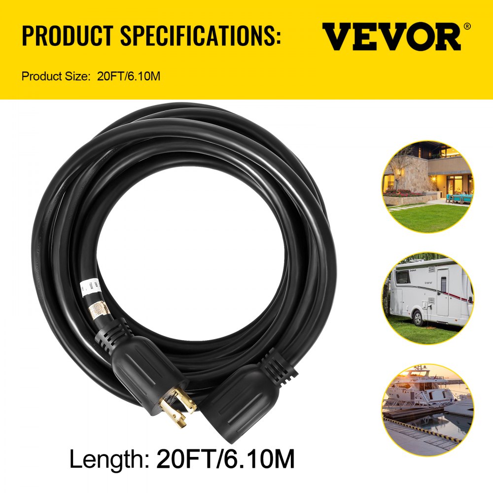 Cable de extensión para generador VEVOR de 20 pies y 30 amperios, calibre 10, SJTW, 4 clavijas, NEMA L14-30P, 125/250 V, 7500 W, resistente, con conectores de bloqueo giratorio.