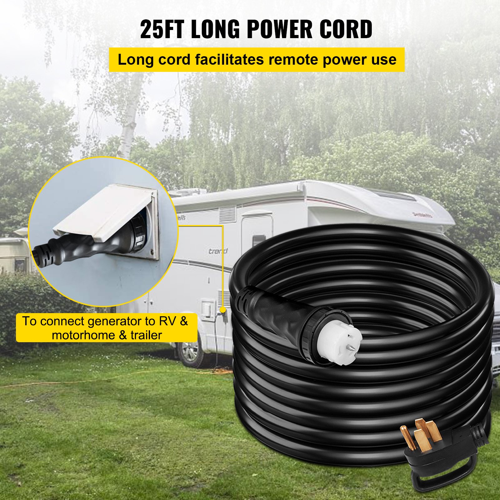 VEVOR 25Ft 50 Amp Generator Extension Cord STW 6/3 + 8/1 Generator Cord 125V 250V Generator Power Cord N14-50P & SS2-50R & CS6364 Twist Lock Connectors Tested to UL Standards