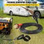 VEVOR generator cord connected to outdoor portable generator near rv campsite.